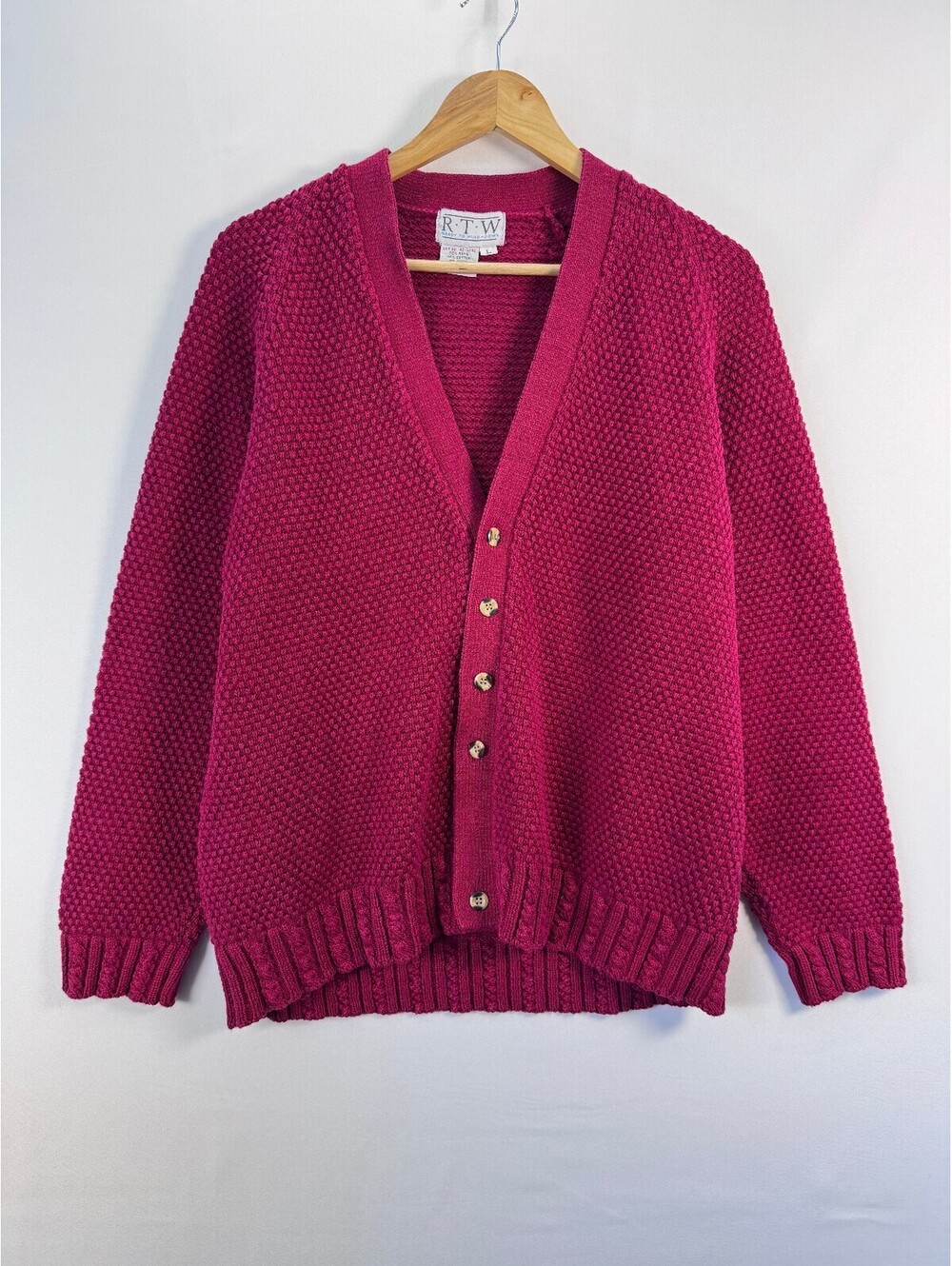 Vintage Raspberry Red Popcorn Knit Ramie Cotton Grandpa Cardigan Sweater L